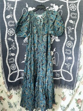Apiece Apart Teal Paisley Puff Sleeve Tiered Maxi Dress
